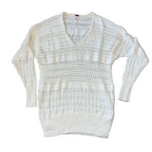 Free People‎ Hot Tropics Open Knit V-Neck Tunic Sweater Ivory Size XS Oversized